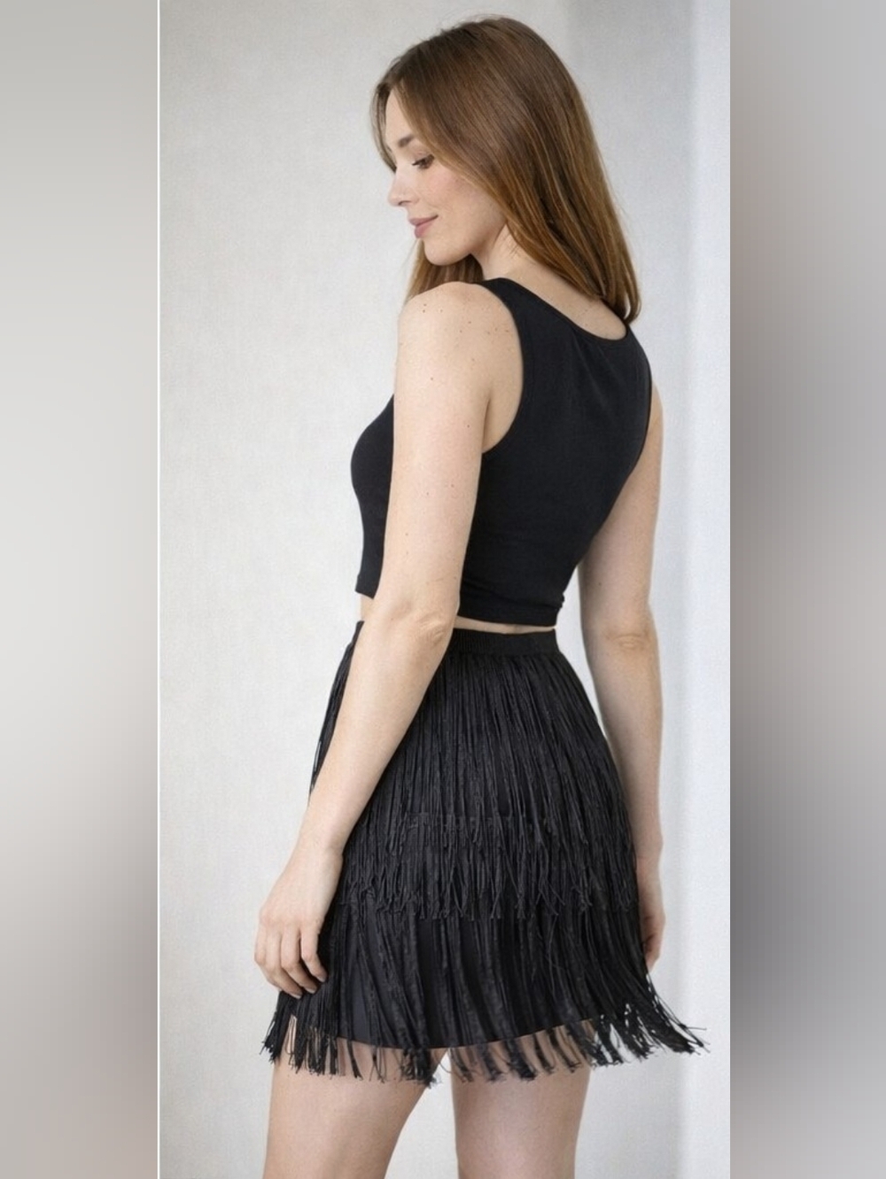 Black Fringe Mini Skirt Size 6 High Waist Party Statement Skirt - Picture 3 of 5
